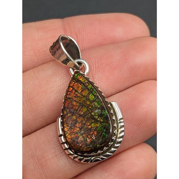 Colorful Ammolite Fossil Dragon Scale Teardrop Sterling Silver Pendant *Read* - Picture 9 of 14